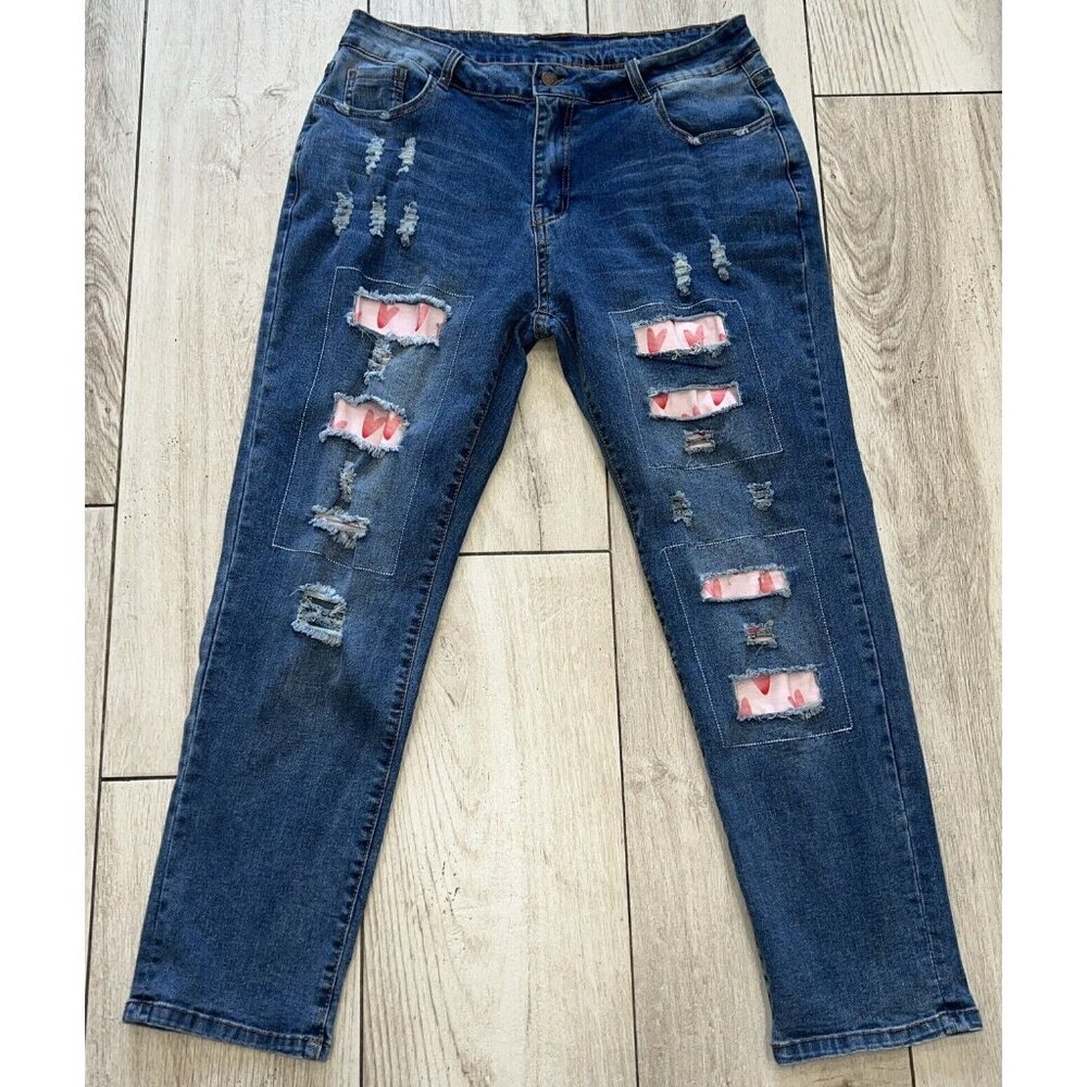 Jeans Jeans Women's Jeans XL 35x28 Ripped Blue Stretch Pink Hearts Super Cute
